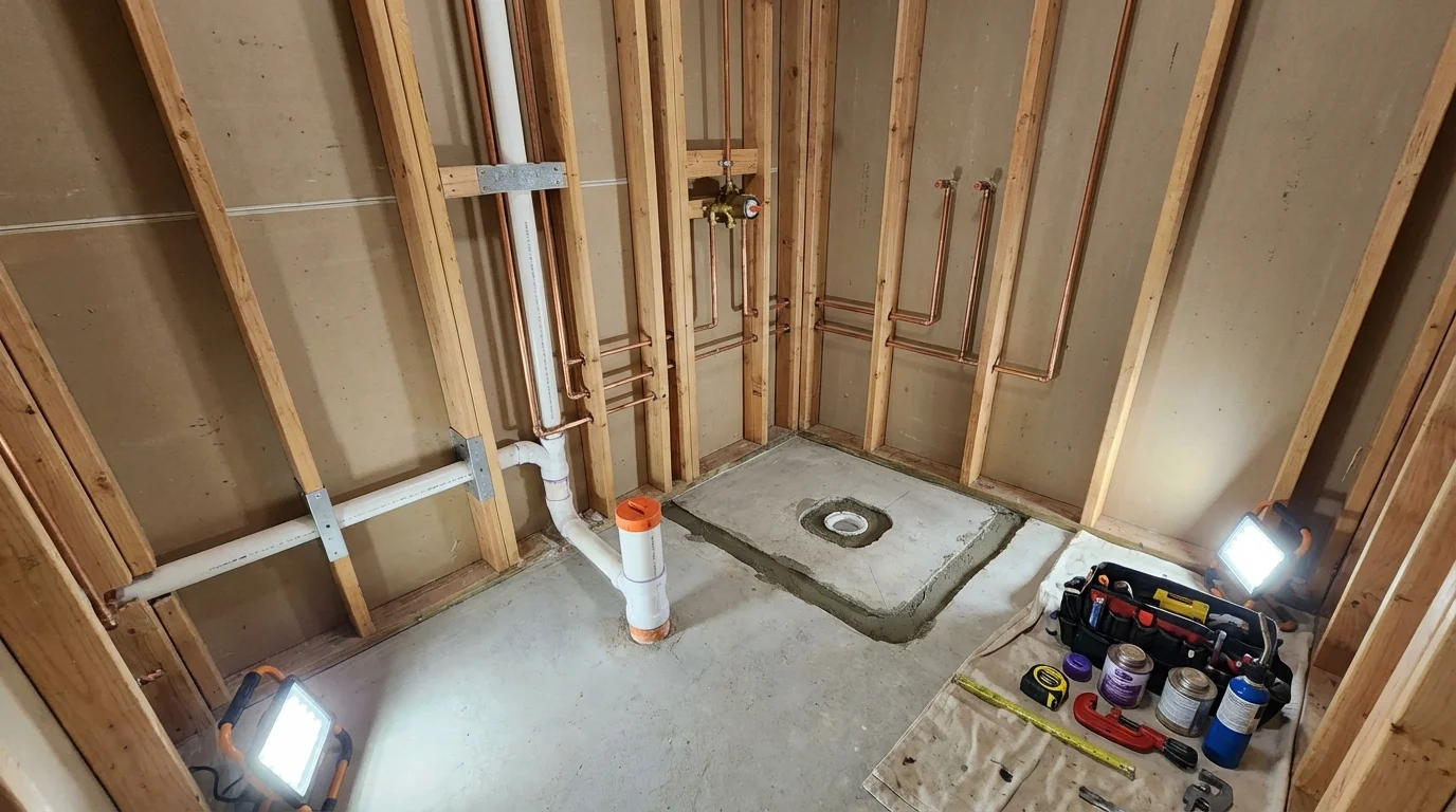 Bathroom rough-in plumbing during remodel by Johns Plumbing LLC in Sturgeon
