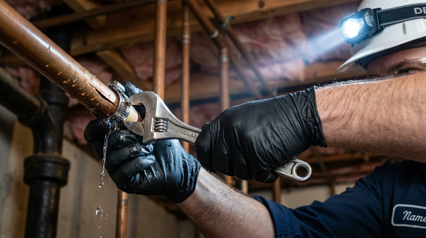 Emergency pipe clamp repair being performed by a Johns Plumbing LLC plumber in Sturgeon