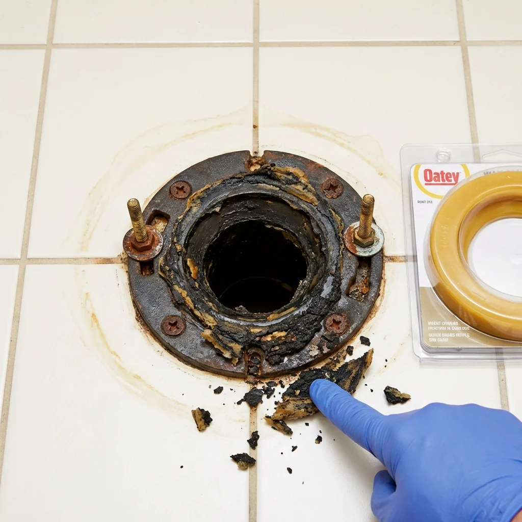 Failed wax ring showing water seepage at the base of a toilet in a Sturgeon, PA home