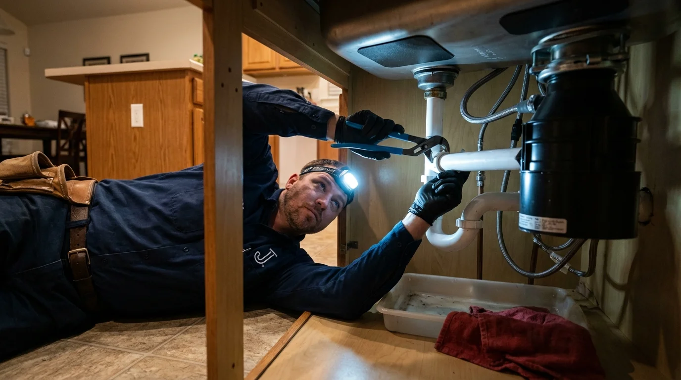 P-trap and supply line connections under a kitchen sink showing a common leak point in Sturgeon, PA